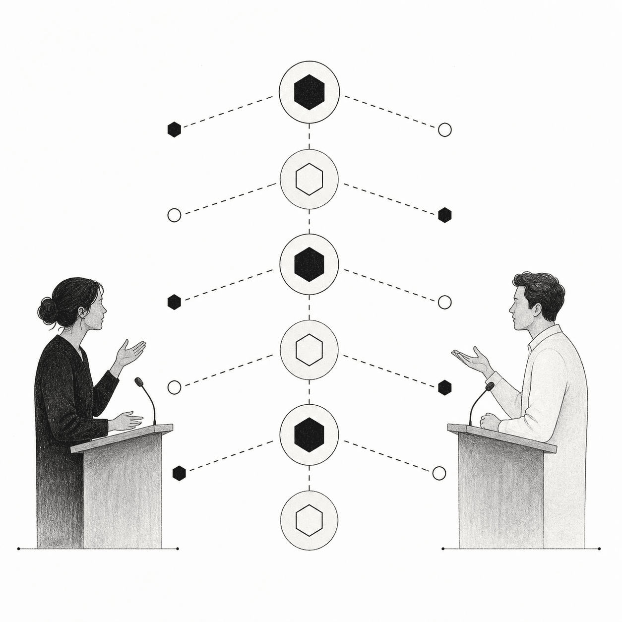 Two speakers following distinct paths through a sequence of debate points