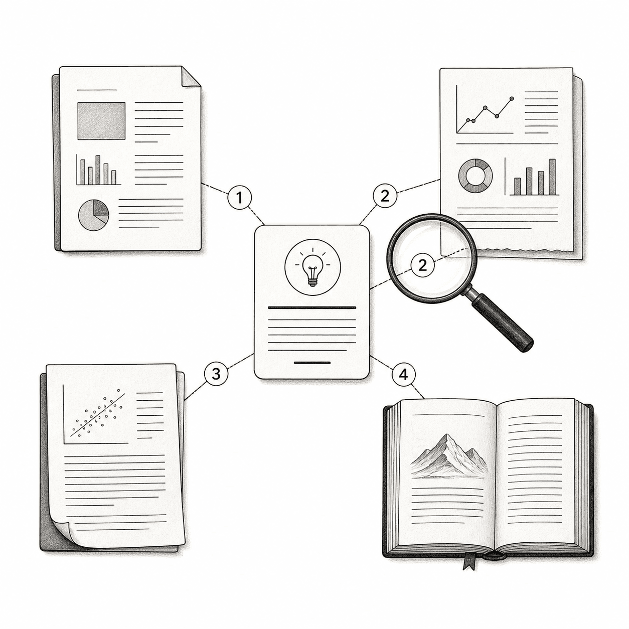 Research documents connected to a central claim through numbered citations