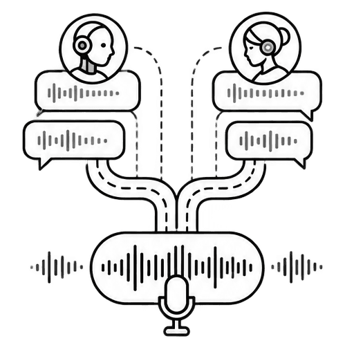 Two dialogue streams merging into an audio waveform